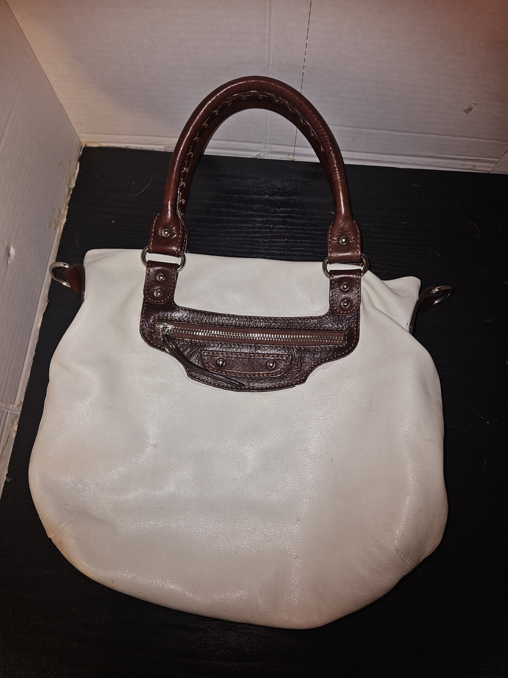 Neiman Marcus Leather Shoulder Bag in White & Brown, Made In Italy